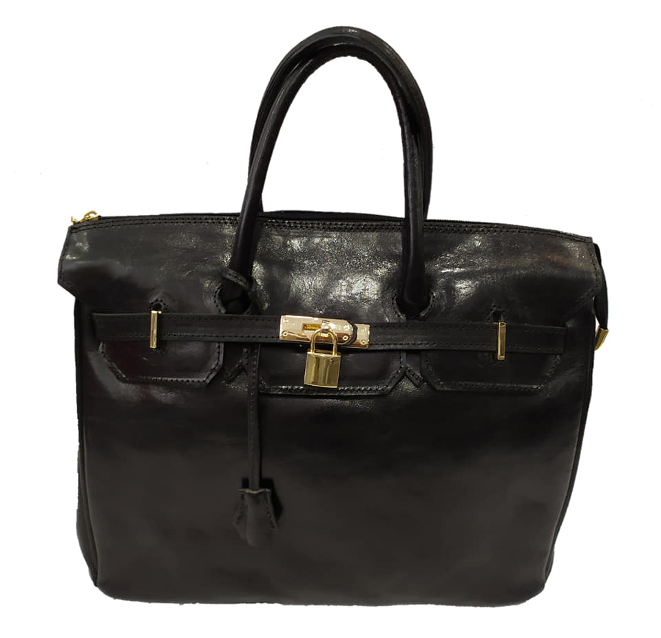 Mala de Senhora Estilo Birkin em Pele Preta com Fecho Dourado